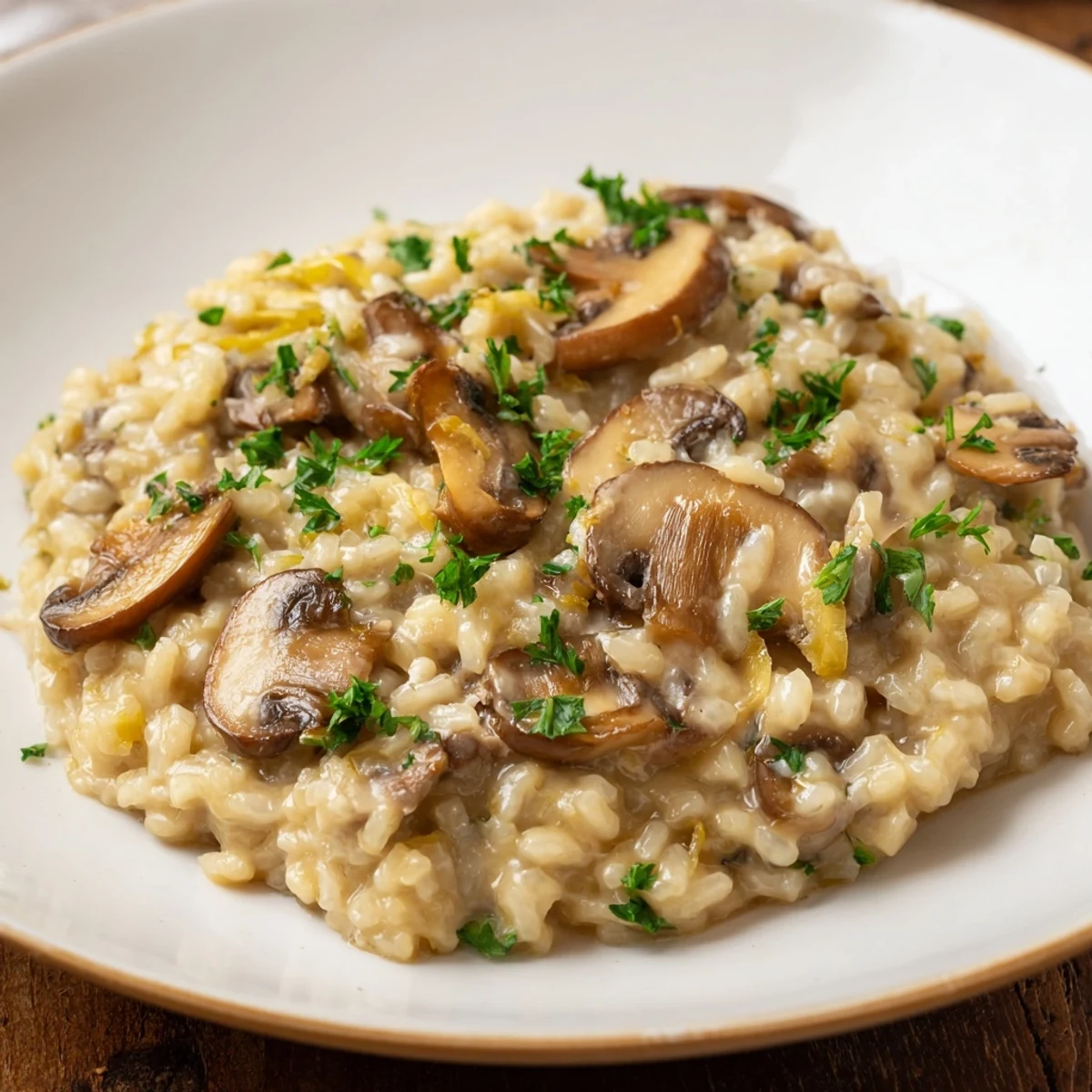 Steaming bowl of creamy mushroom risotto topped with fresh parsley and a sprinkle of Parmesan.  