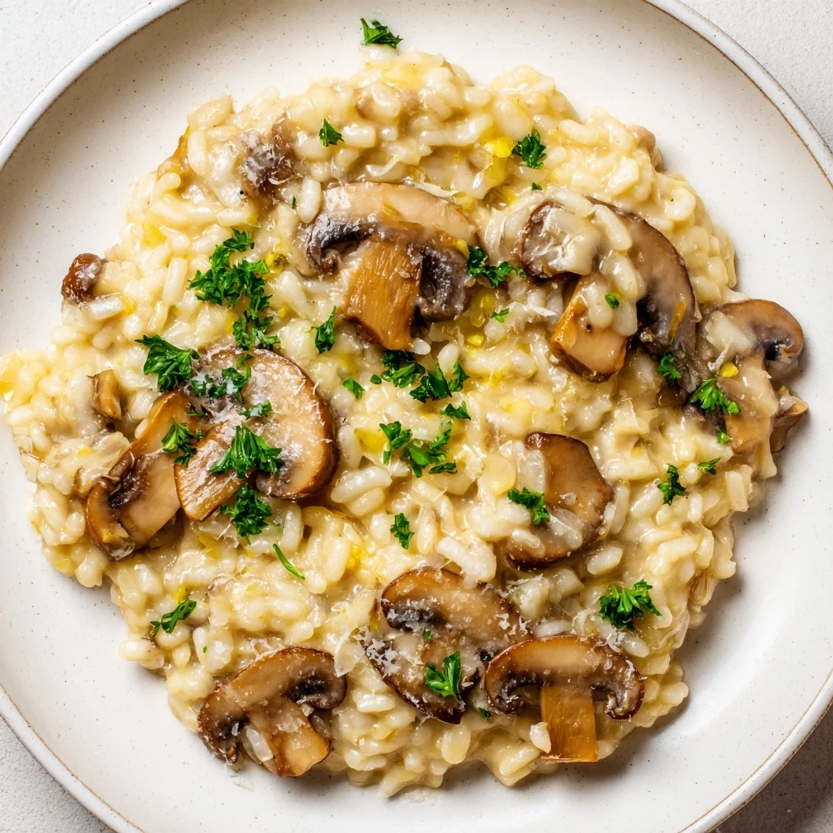 Golden-brown mushrooms nestled in creamy Arborio rice for a comforting Italian dinner.