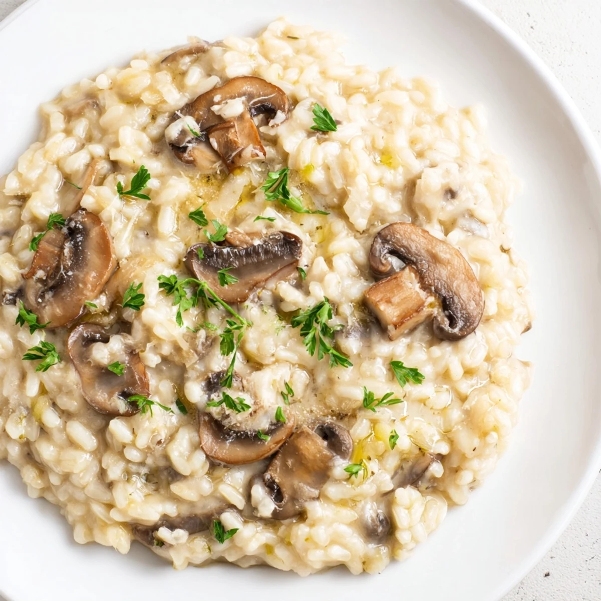 A close-up of rich and velvety mushroom risotto in a white ceramic serving bowl.  