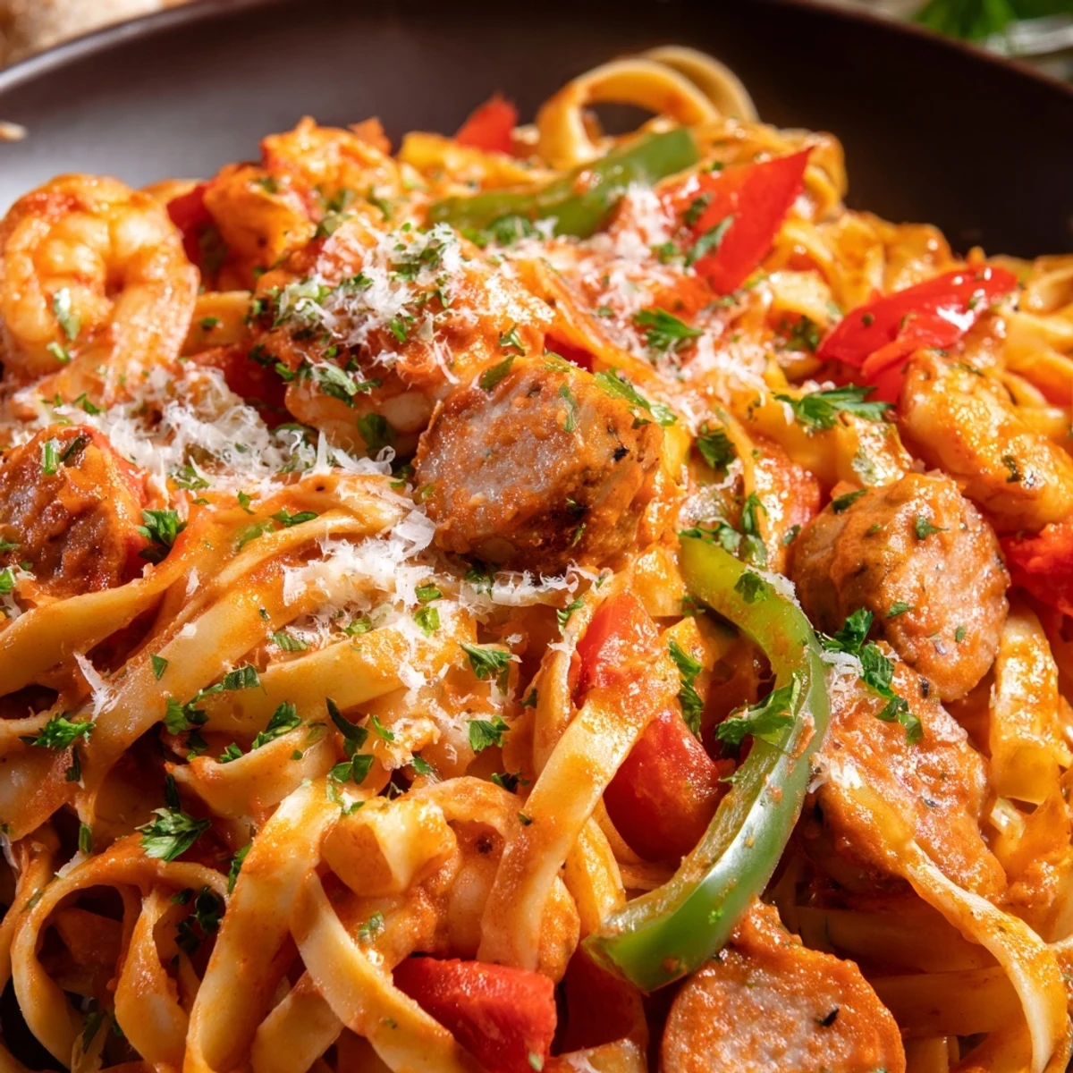 Creamy Cajun Jambalaya Pasta with chicken, shrimp, and sausage in a spicy tomato-cream sauce.