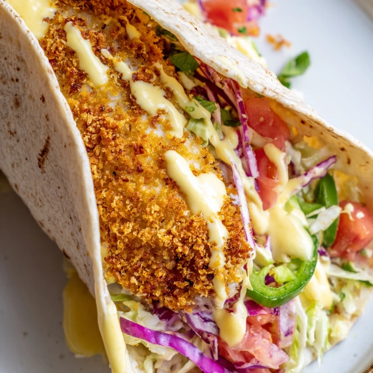 Freshly assembled Super Bowl Crispy Fish Tacos topped with diced tomatoes, jalapeños, cilantro, and a drizzle of creamy zesty crema.