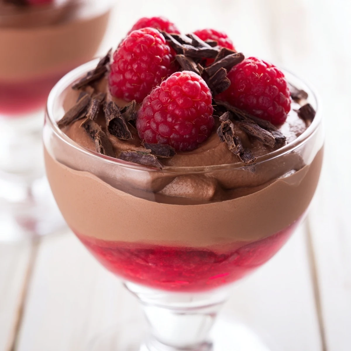 Smooth chocolate mousse layered with tart raspberry purée in a clear glass cup, topped with fresh berries and dark chocolate shavings.