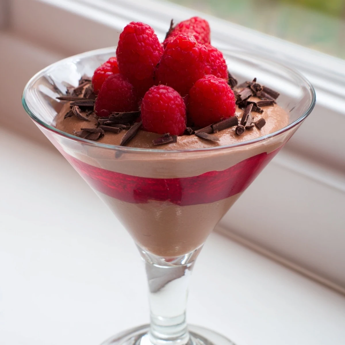 Rich chocolate mousse with seedless raspberry sauce layered in dessert cups, garnished with mint and shavings for a stunning treat.