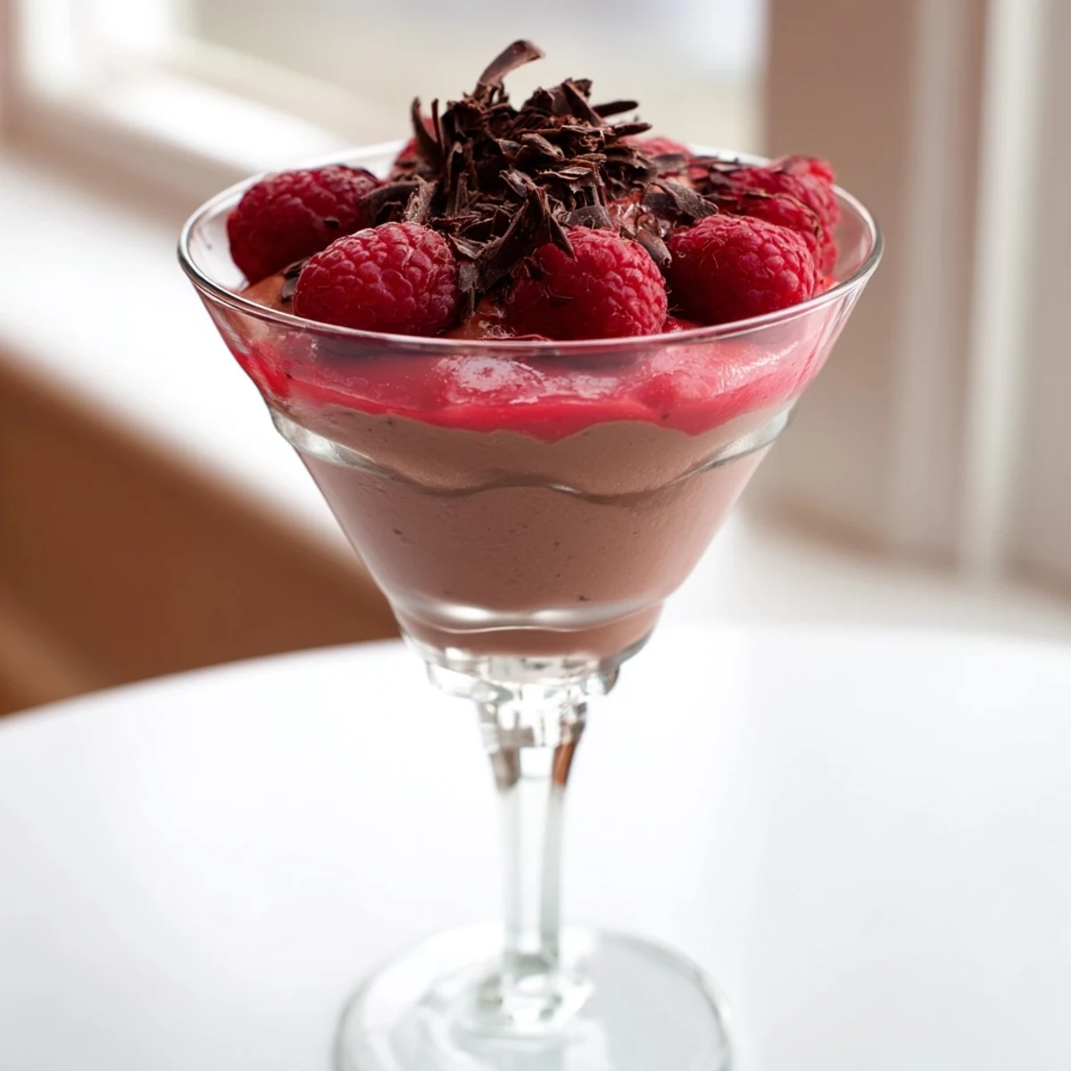 Decadent chocolate raspberry mousse cups featuring airy texture and vibrant red layers, perfect for an elegant French-inspired dessert presentation.