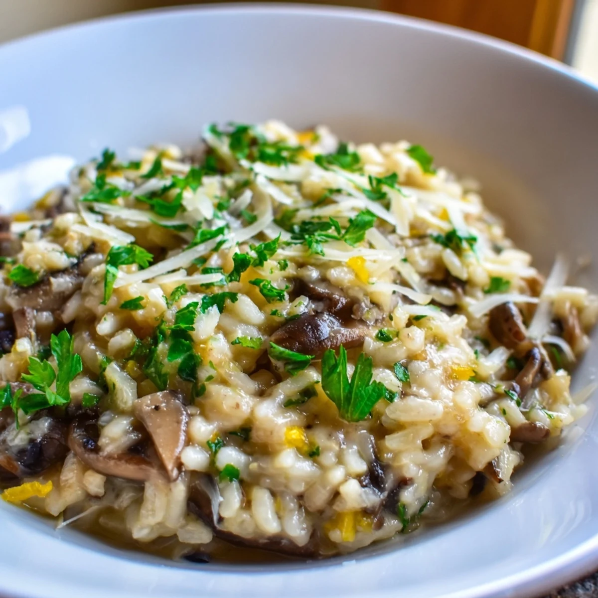 Steaming Date Night Mushroom Risotto features sautéed golden mushrooms and Arborio rice in a rustic skillet, perfect for a cozy Italian dinner.