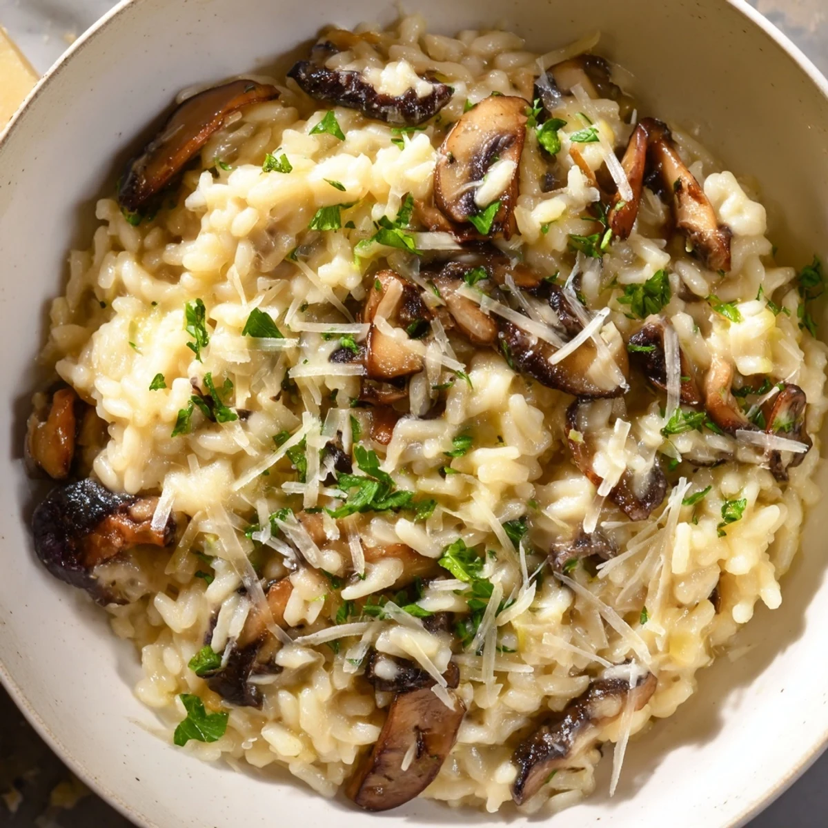 Rich and velvety Date Night Mushroom Risotto in a white ceramic bowl, topped with fresh herbs and a light dusting of Parmesan cheese.