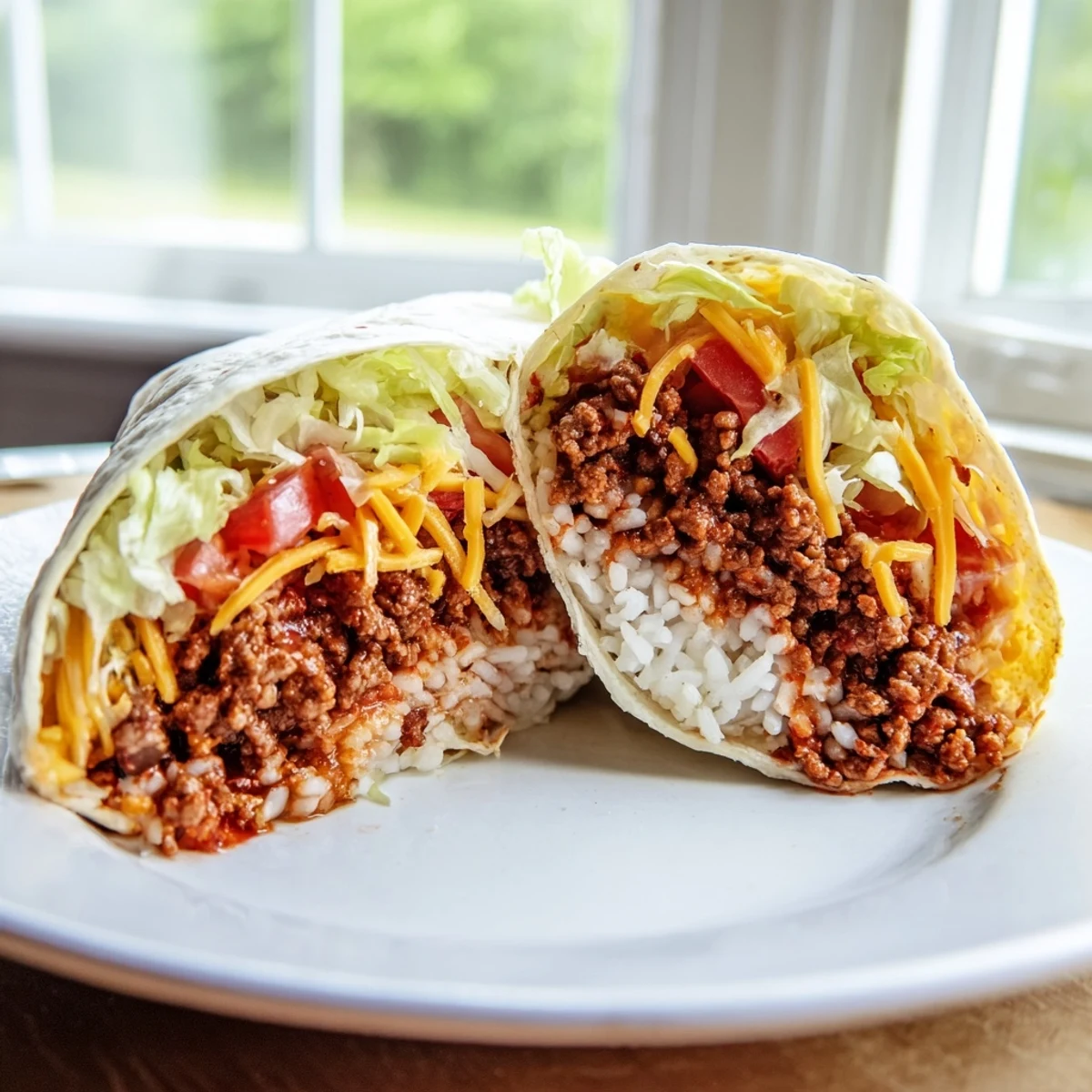 Warm flour tortilla wrapped around seasoned ground beef, fluffy rice, melted cheddar, shredded lettuce, and diced tomatoes on a rustic plate.  