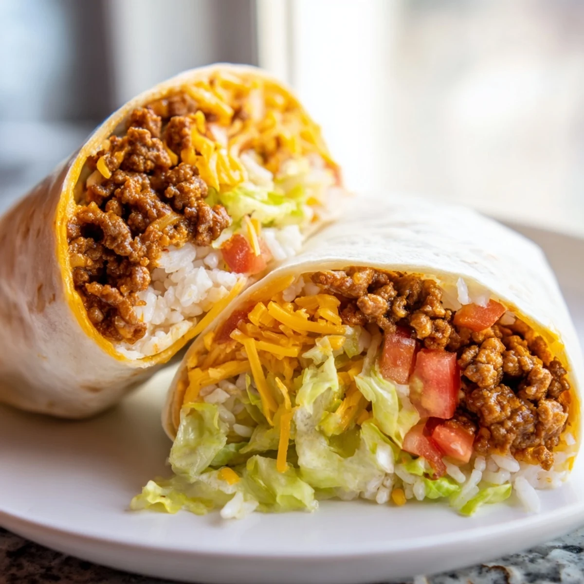 Golden toasted burrito split to reveal layers of seasoned beef, fluffy rice, black beans, and melted cheese, with a side of salsa.