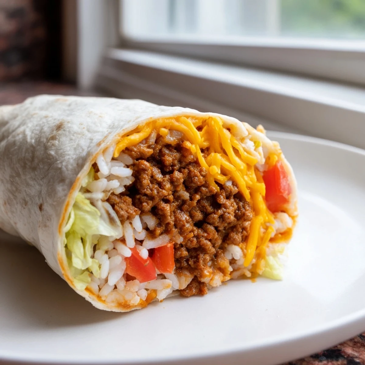 Hearty beef burritos with rice served on a checkered tablecloth, garnished with sour cream, cilantro, and sliced jalapeños.  