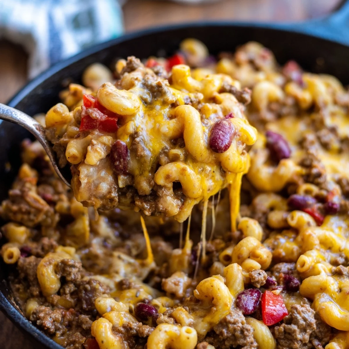 A close-up of the Beef Chili Mac and Cheese Skillet, showcasing melted cheddar cheese stretching over creamy macaroni and savory ground beef.  