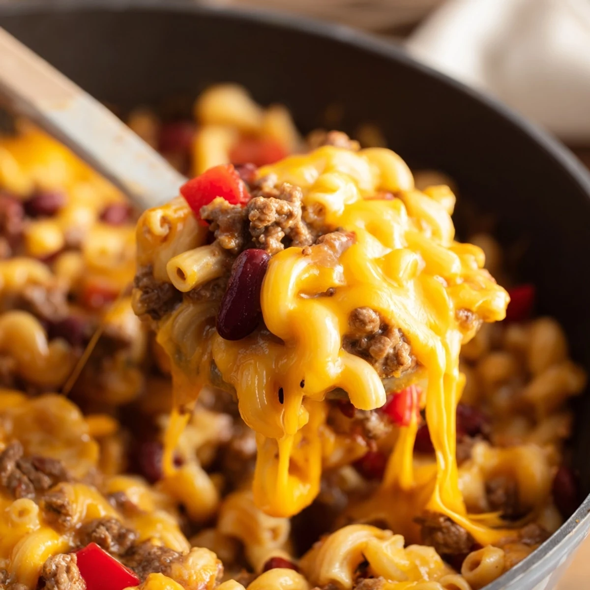 Steam rises from the hearty Beef Chili Mac and Cheese Skillet, served hot in a cast-iron pan with a sprinkle of fresh cilantro.  