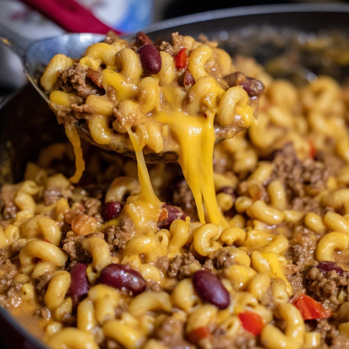 A fork rests in the Beef Chili Mac and Cheese Skillet, revealing tender pasta, kidney beans, and rich, tomato-based chili sauce.