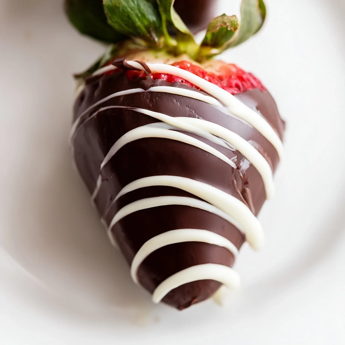 Vibrant red strawberries with a glossy dark chocolate shell and delicate white drizzle, ready to serve.