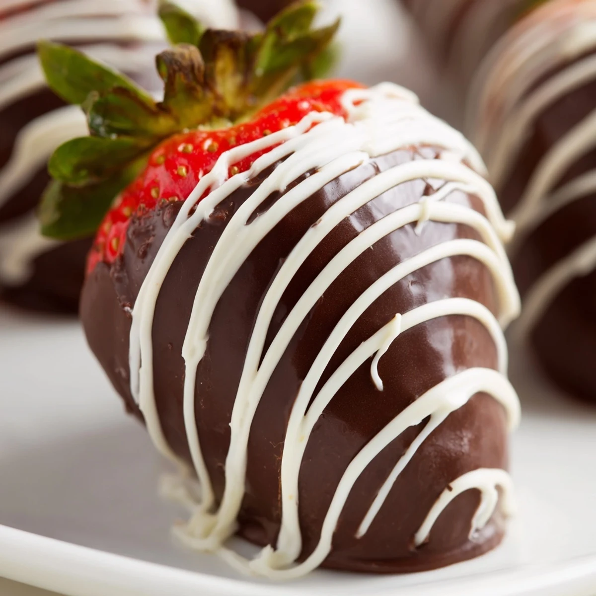 Close-up of homemade chocolate dipped strawberries with white drizzle, glistening with rich, decadent details.