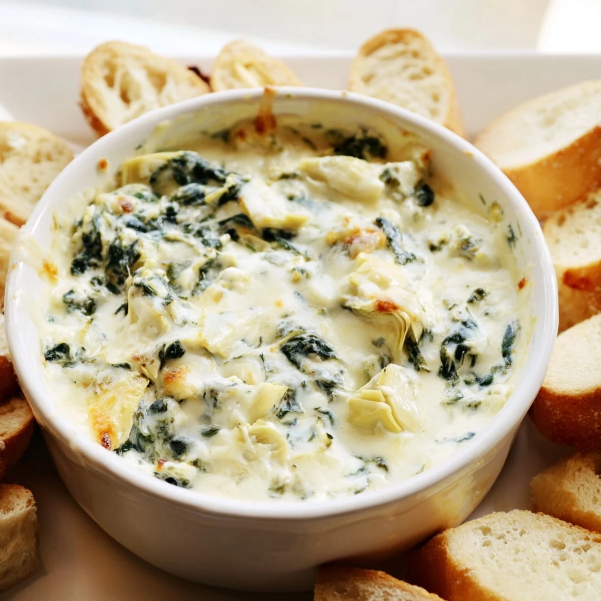 Creamy spinach and artichoke dip, baked until bubbly and golden, served with toasted baguette slices for dipping.  