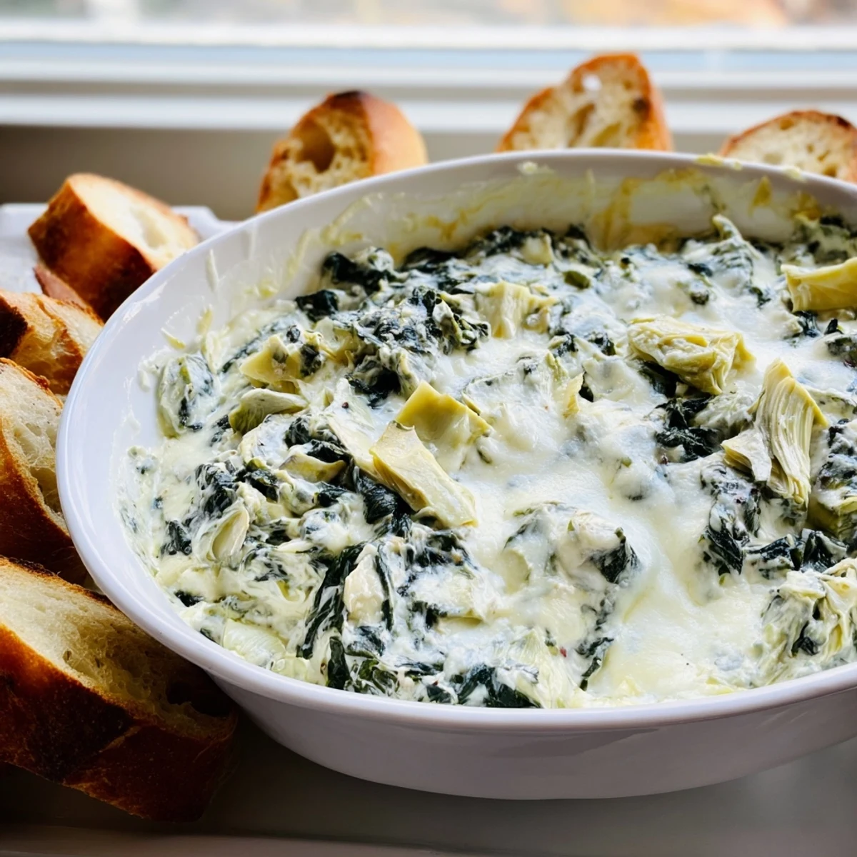 Rich, velvety spinach and artichoke dip in a baking dish, next to sliced baguette ready for scooping and dipping.