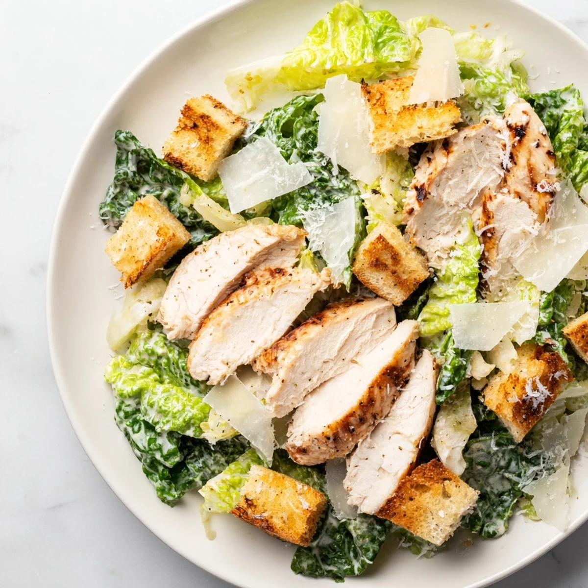 A fresh, vibrant bowl of Chicken Caesar Salad with Homemade Croutons features grilled chicken slices over crisp romaine lettuce.