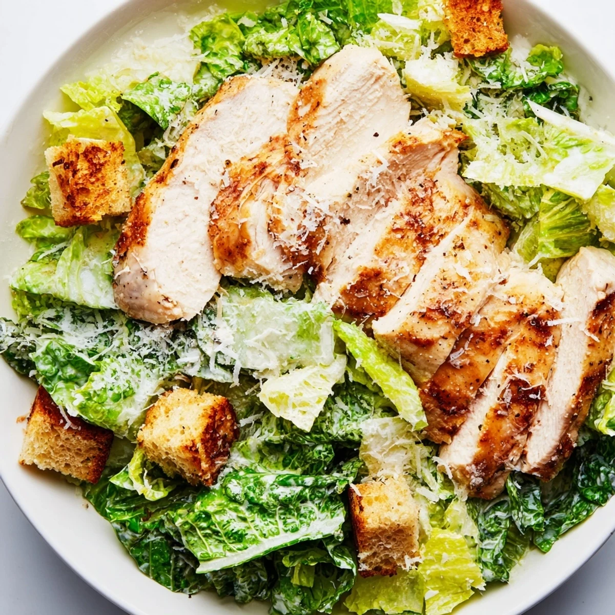 Golden, crunchy homemade croutons and creamy Caesar dressing garnish this classic Chicken Caesar Salad, ready to serve.