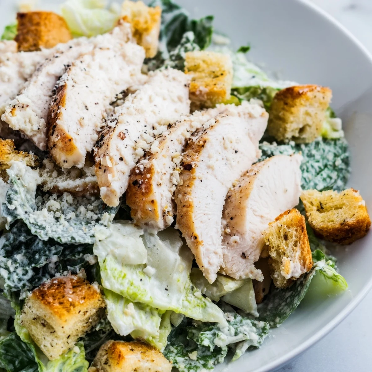 Juicy grilled chicken rests atop crisp romaine, Parmesan, and crunchy golden croutons in this Chicken Caesar Salad.