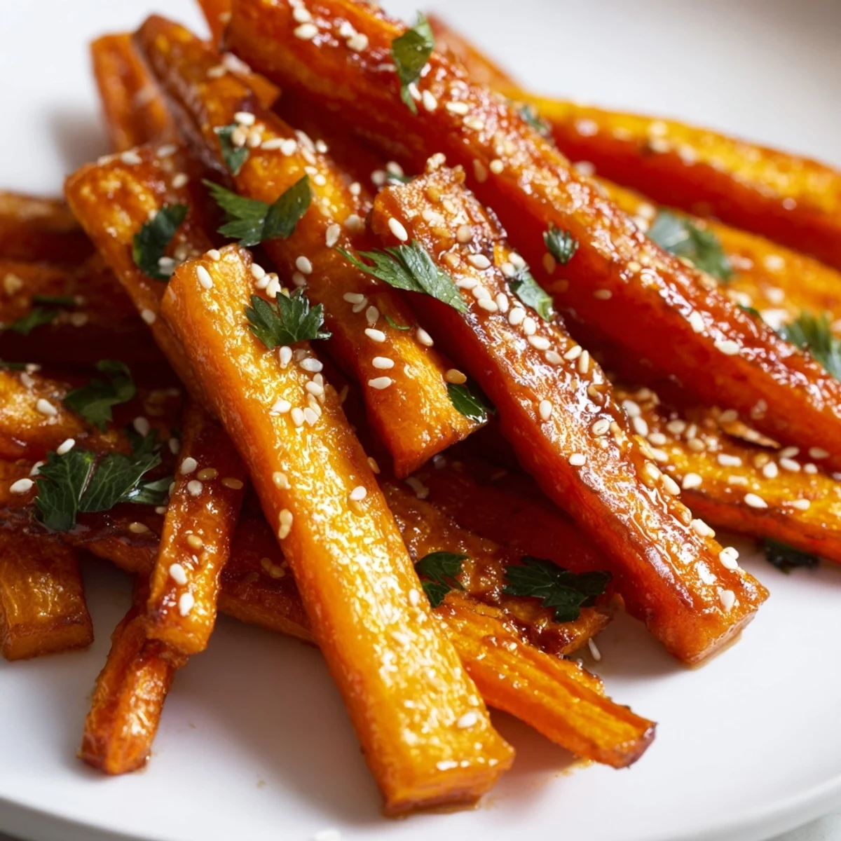 Roasted Carrots with Honey and Cumin Glaze glisten with a sticky, amber coating. The tender, caramelized carrots sit on a rustic platter garnished with fresh parsley, ready to be served alongside a roasted chicken.
