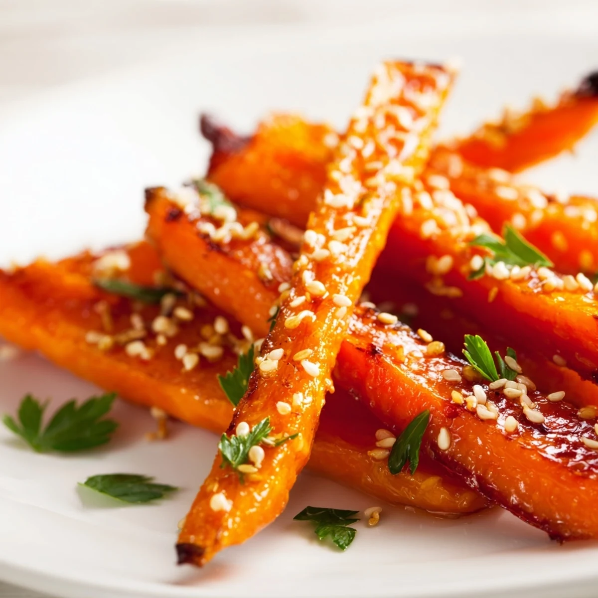 A close-up of Roasted Carrots with Honey and Cumin Glaze highlights their charred edges and soft texture. The warm spices create an inviting aroma, making this vibrant vegetarian side dish perfect for a holiday feast.