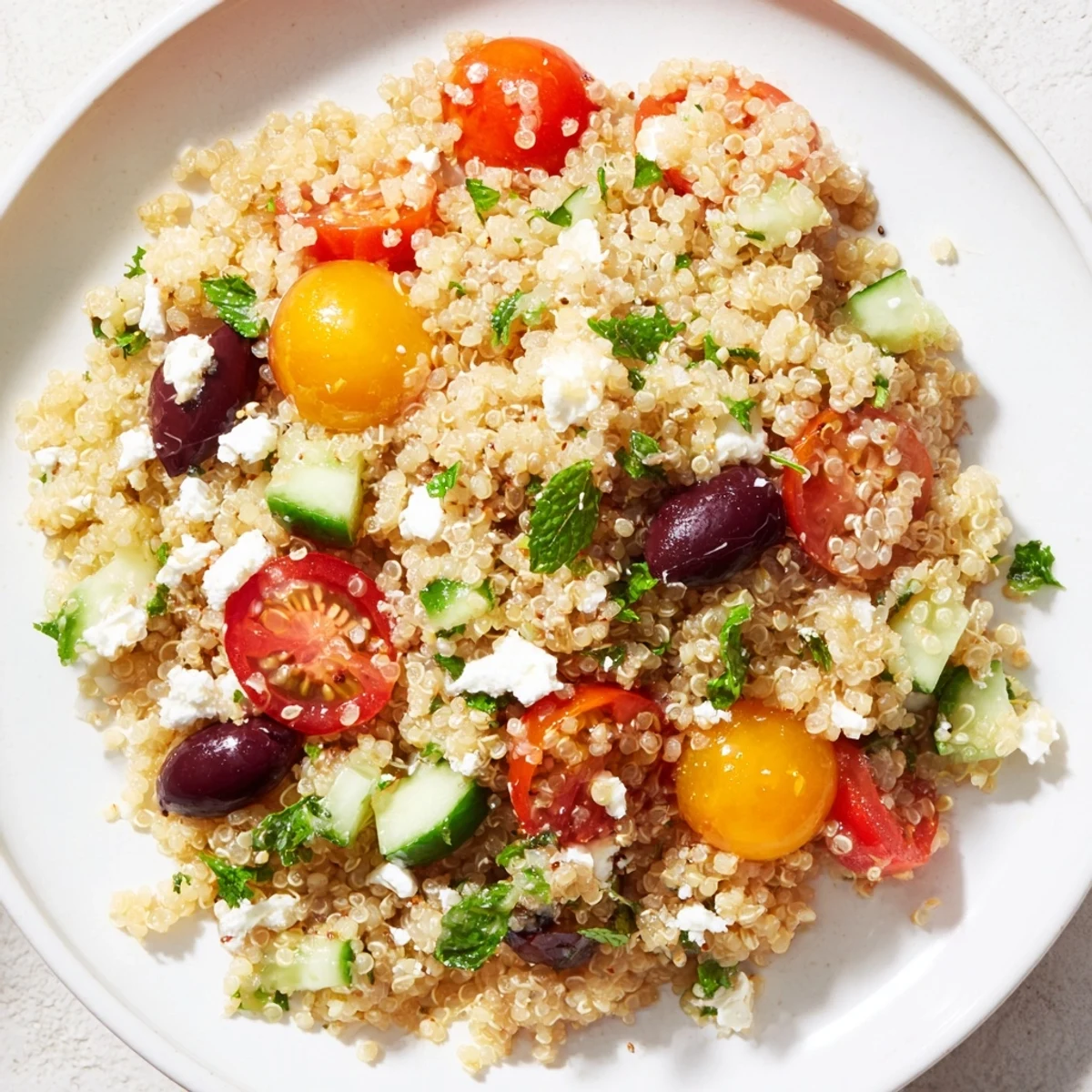 Fluffy quinoa salad with juicy tomatoes, crisp cucumbers, and briny olives, tossed in a zesty lemon vinaigrette. Mediterranean Quinoa Salad with Tomatoes is a refreshing vegetarian side or light lunch.