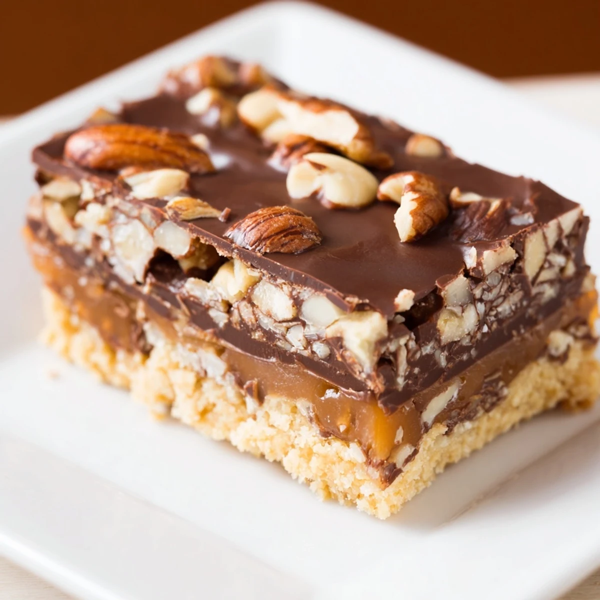 Golden-brown caramel oozes between a nutty base and glossy dark chocolate topping in this decadent Chocolate Bars with Caramel and Nuts recipe.  
