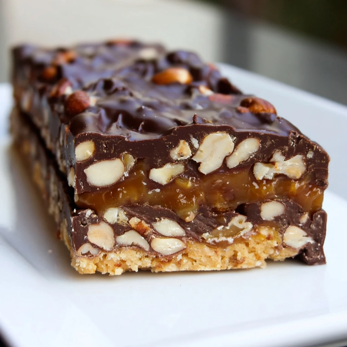 Homemade Chocolate Bars with Caramel and Nuts feature a buttery shortbread crust, sticky caramel, and crunchy pecans under a rich chocolate shell.  