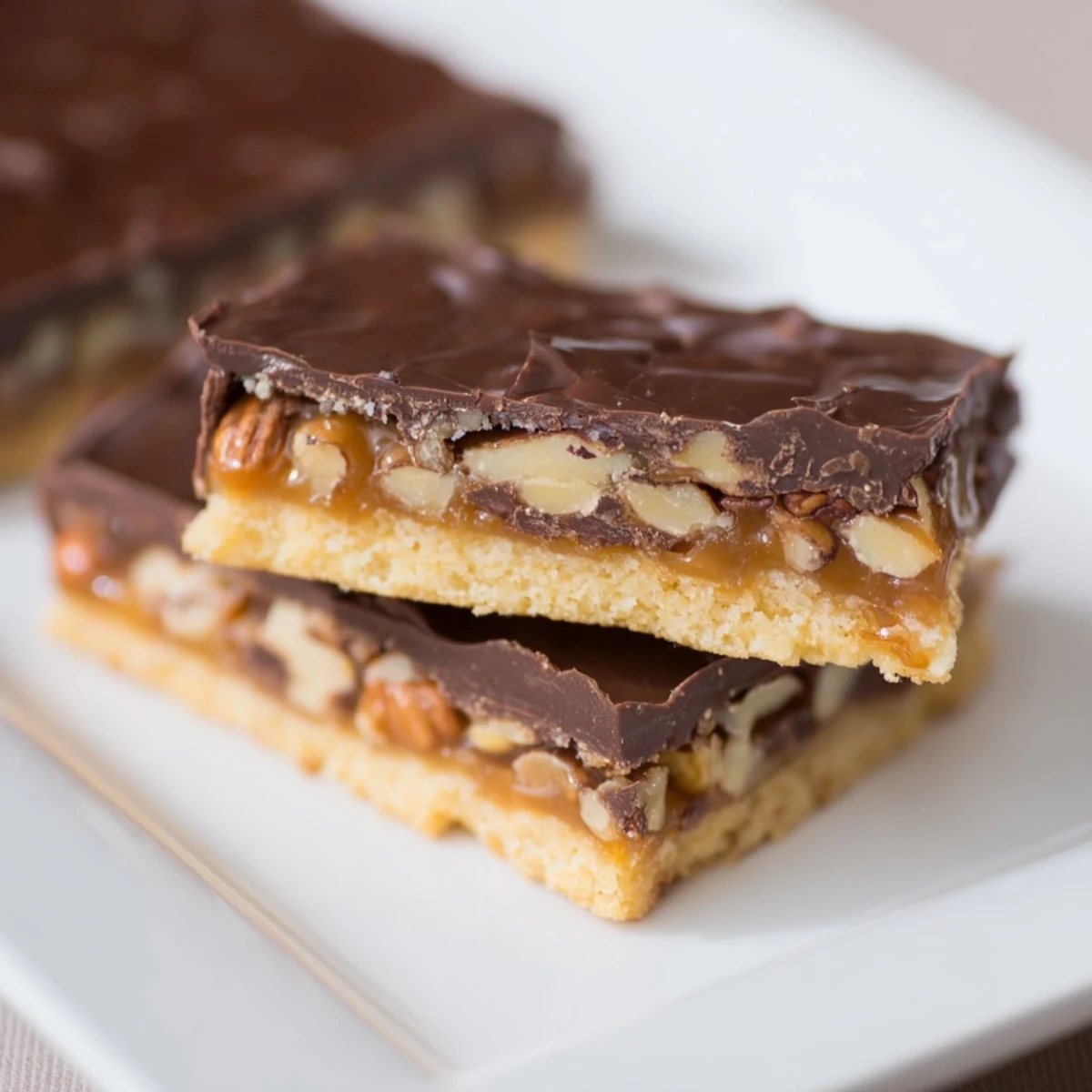 Cooling Chocolate Bars with Caramel and Nuts reveal layers of texture when sliced, perfect for gifting or an indulgent dessert.