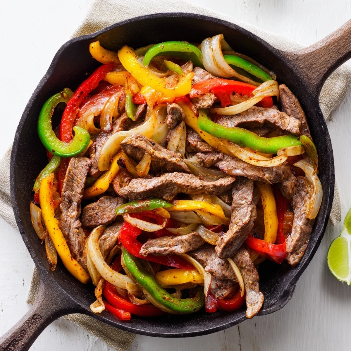 A close-up of sizzling Beef Fajita Skillet with colorful peppers and onions in a hot pan.