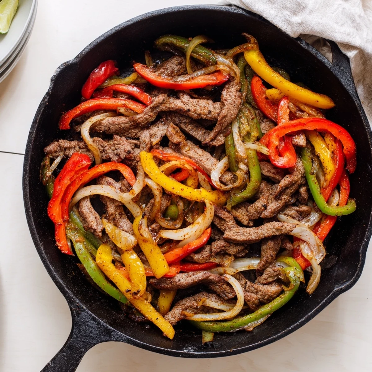 This vibrant Beef Fajita Skillet features tender beef strips and charred peppers ready for serving.