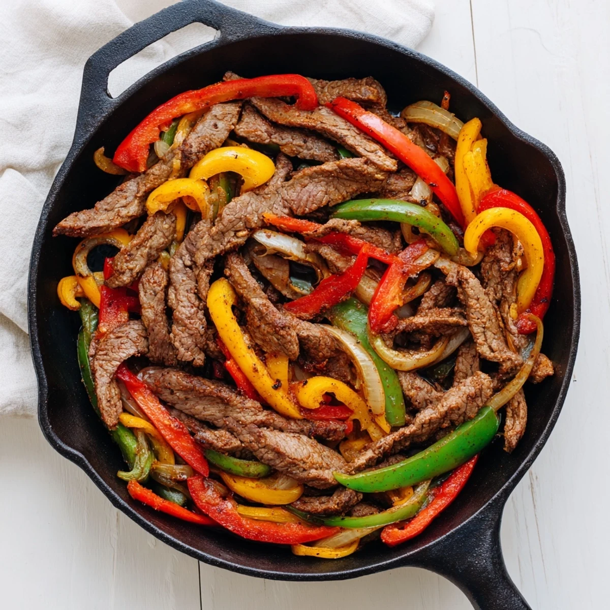 Sizzling Beef Fajita Skillet with peppers and onions on a rustic table, perfect for dinner.
