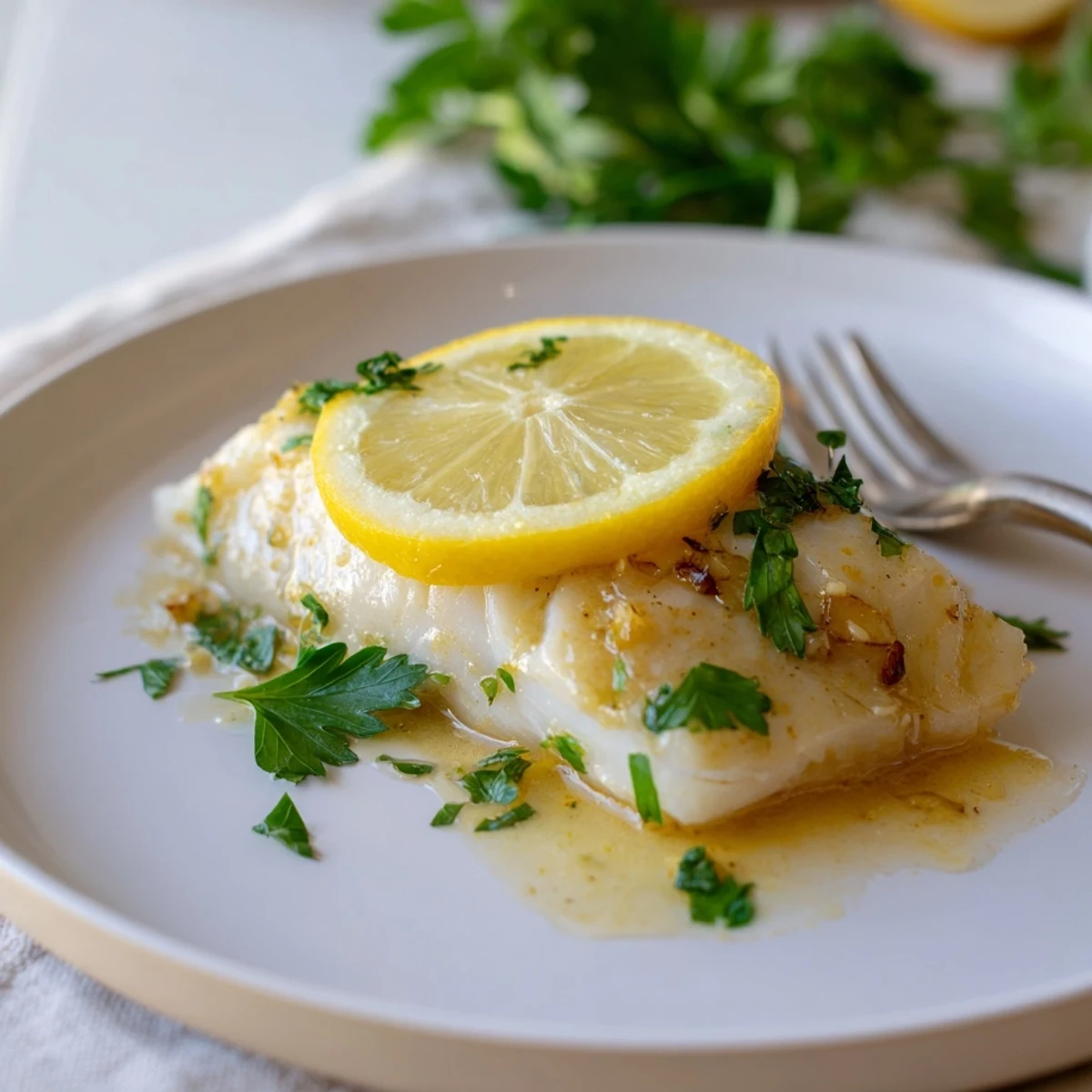 Golden baked cod fillets glistening with lemon butter sauce, garnished with fresh parsley and lemon slices on a white plate.