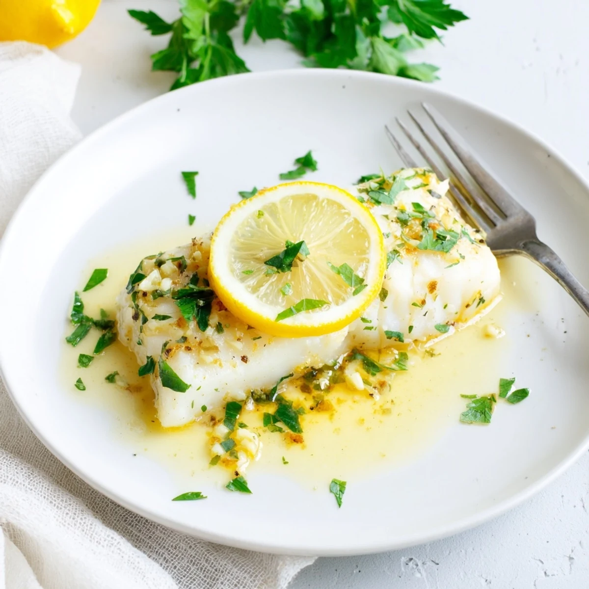 Flaky white cod baked in a zesty lemon butter sauce, ready to serve with steamed vegetables or roasted potatoes.