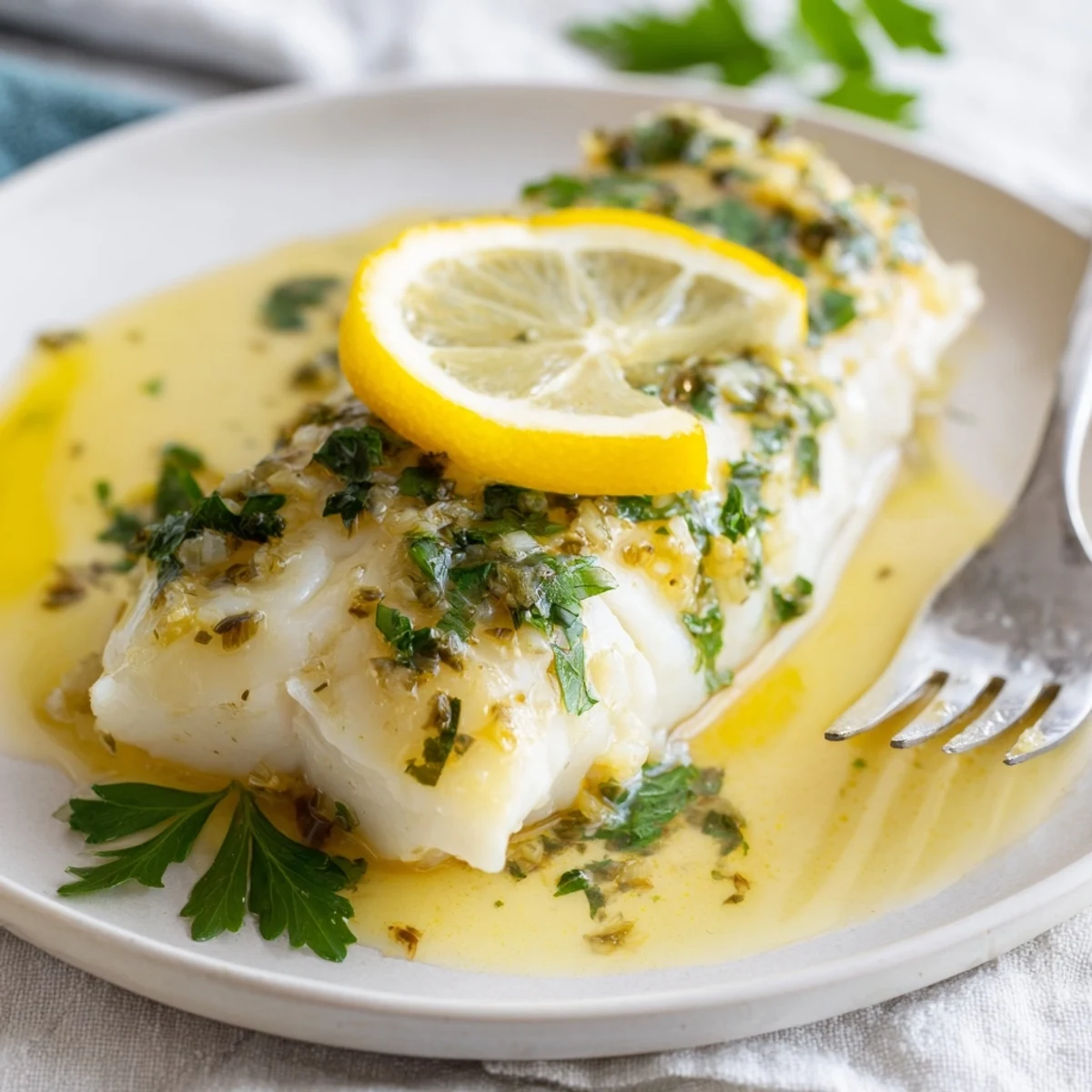 Tender cod fillets with melted lemon butter, baked to perfection and garnished with fresh parsley for a light dinner.