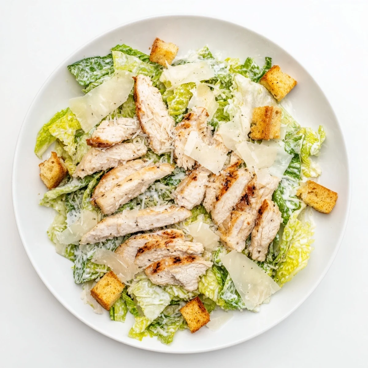 Savory Chicken Caesar Salad served on a white plate, with tender grilled chicken, shaved Parmesan, and fresh romaine leaves glistening with dressing.