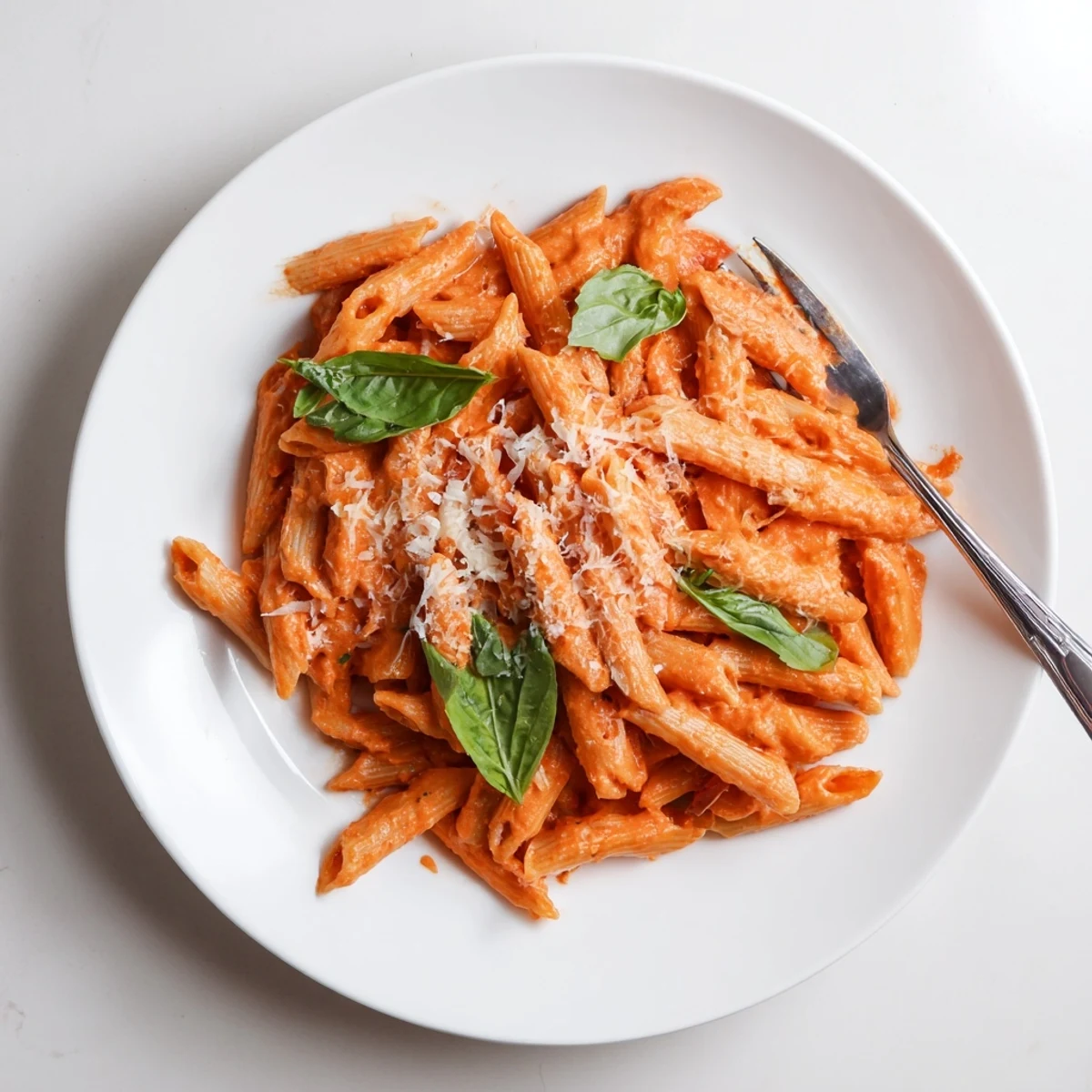 A close-up of creamy tomato pasta with fresh basil, featuring penne coated in a velvety sauce and garnished with torn basil leaves.  