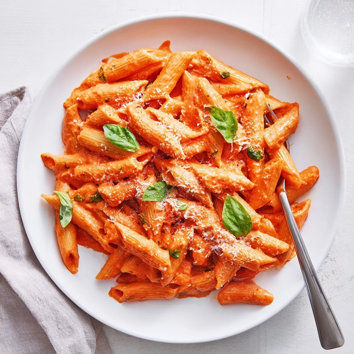 Topping the Creamy Tomato Pasta with Fresh Basil, extra Parmesan and fresh basil add vibrant color and aroma to this Italian-inspired vegetarian dish.