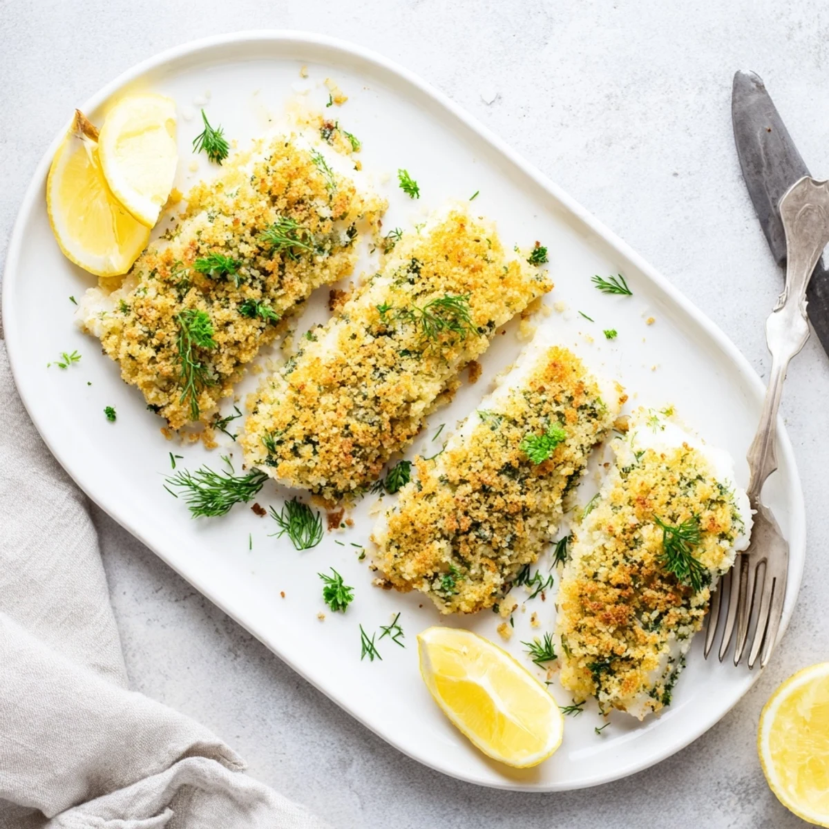 Golden-brown Baked Hake with Lemon and Herb Crust served with fresh lemon wedges on a rustic plate.  
