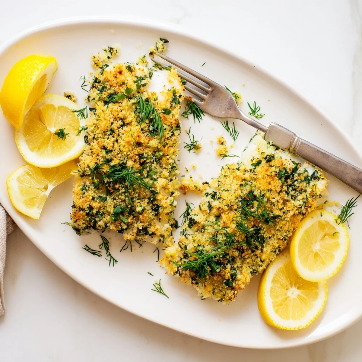 Perfectly flaky Baked Hake with Lemon and Herb Crust, paired with green beans for a healthy dinner.