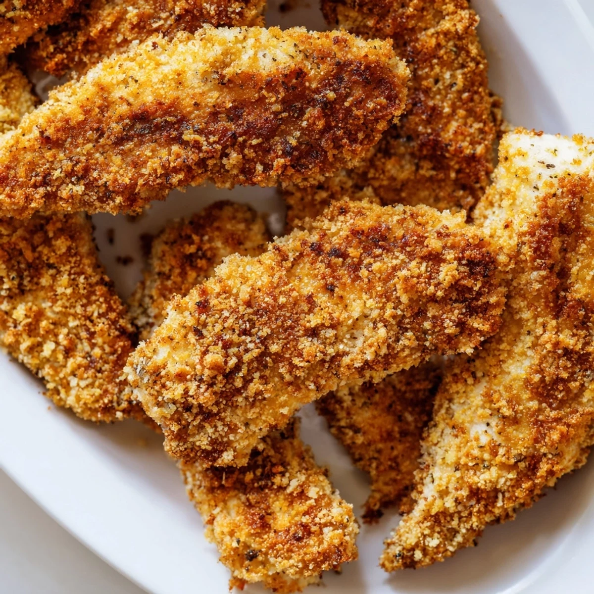 Golden-brown air fryer chicken tenders stacked neatly beside ranch dip, steam rising from the juicy interior, perfect for a family snack.