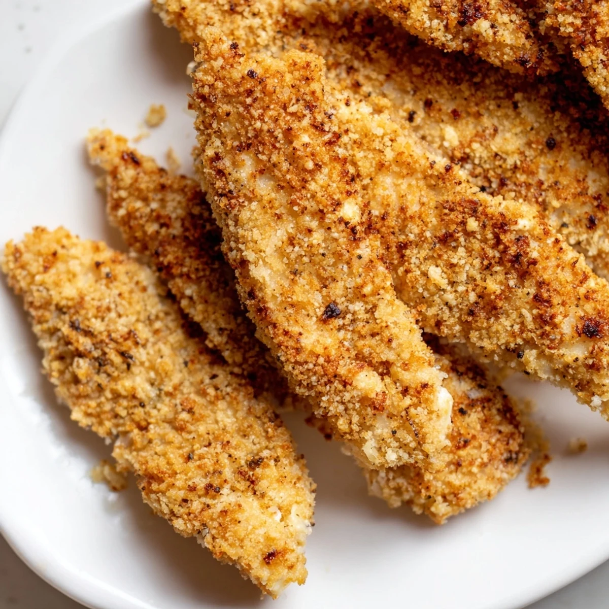 Crispy golden air fryer chicken tenders resting on a plate with a side of honey mustard, their crunchy breading glistening invitingly.