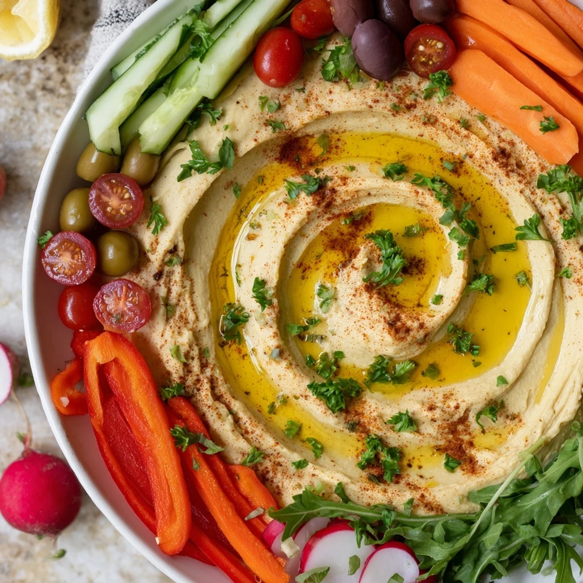 A vibrant Mediterranean Hummus Platter with creamy swirls, surrounded by crisp cucumber, carrots, and cherry tomatoes.  