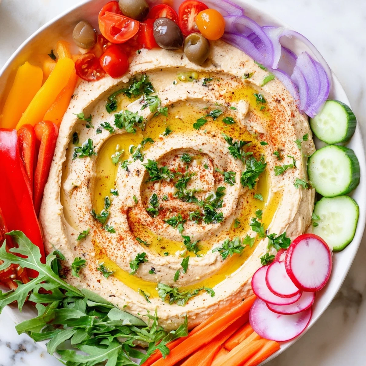Close-up of Mediterranean Hummus Platter, featuring feta, olives, and artichoke hearts on a rustic wooden board.  