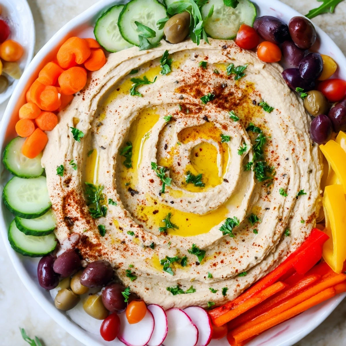 A generous Mediterranean Hummus Platter with pita wedges and colorful vegetables, perfect for sharing at parties.