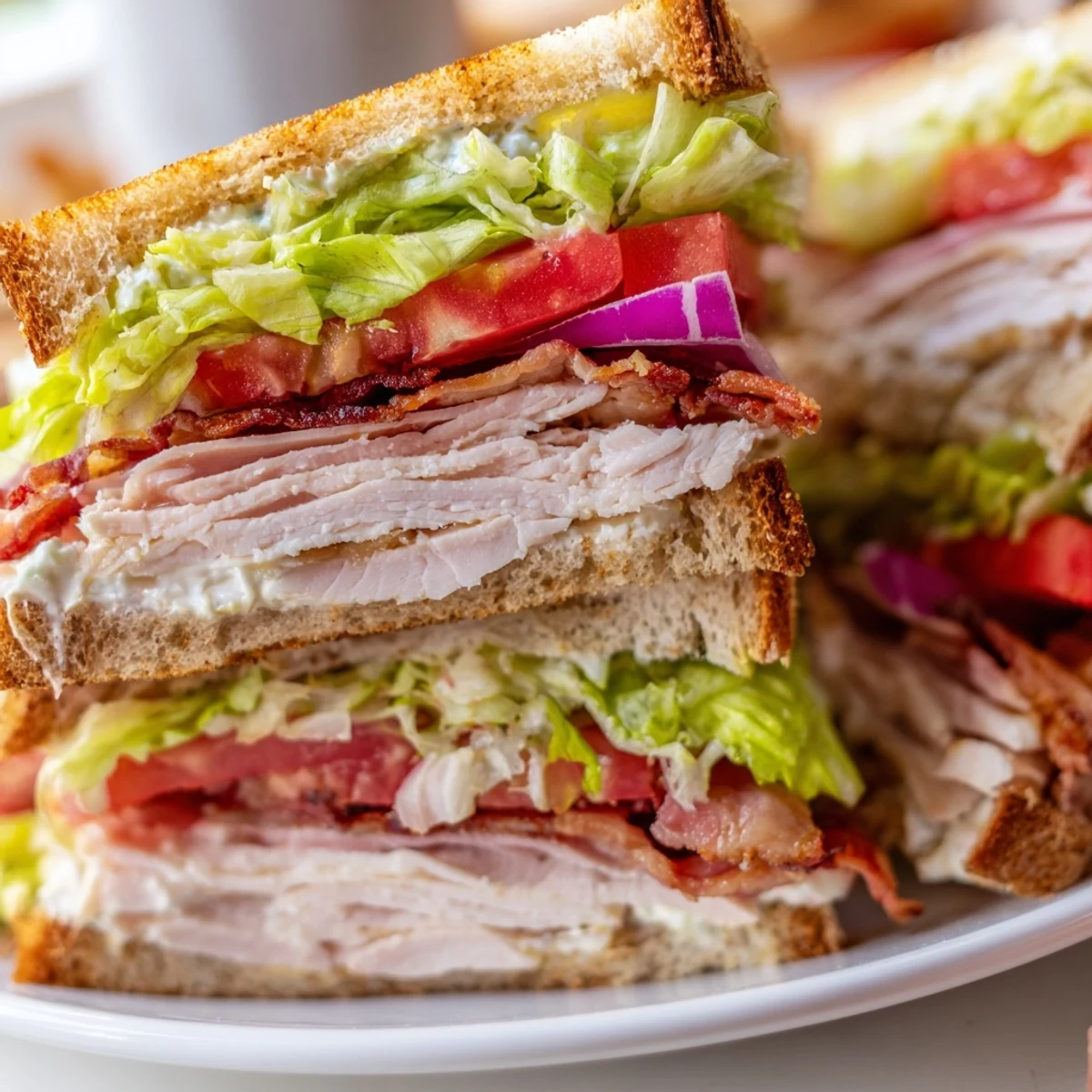 Golden-brown toasted bread cradling layers of a delicious turkey club sandwich with crisp turkey bacon.