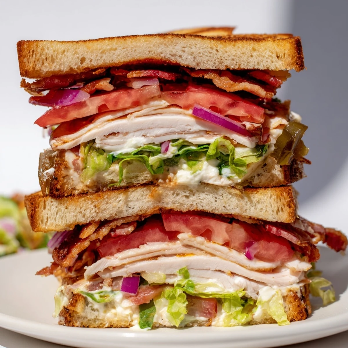 Close-up photo of a fully-loaded turkey club sandwich, showcasing juicy turkey and fresh tomato slices.