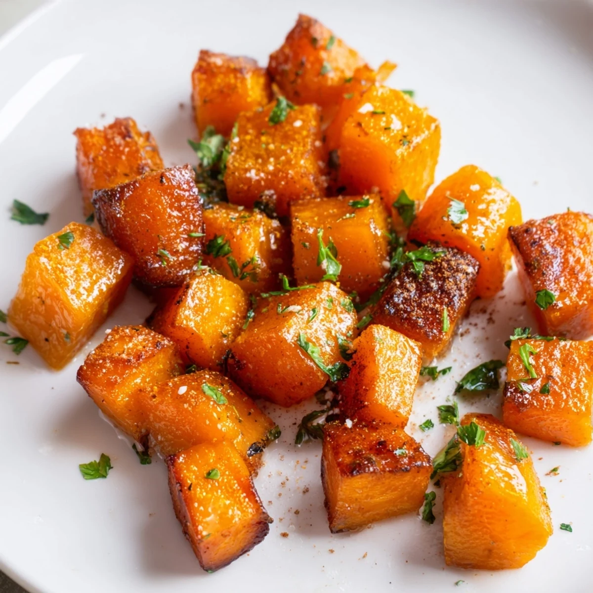Roasted Butternut Squash with Maple glazed golden brown, glistening on a white platter garnished with fresh parsley for a festive autumn side.