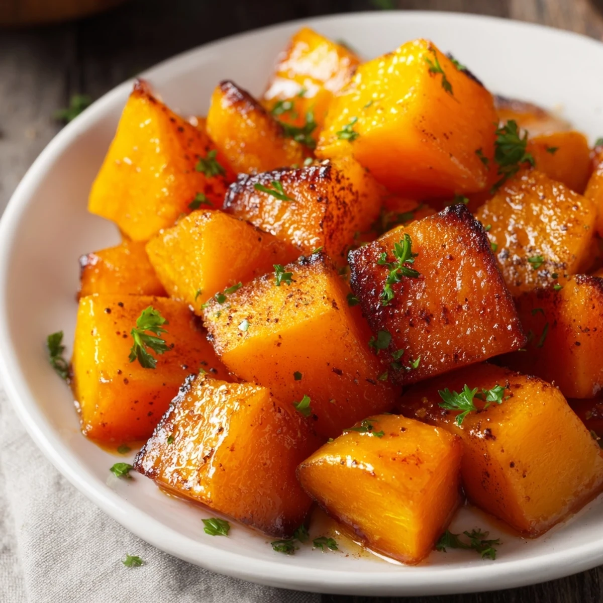 Tender cubes of Roasted Butternut Squash with Maple roasted to perfection, caramelized edges contrasting with the vibrant orange flesh on a rustic board.