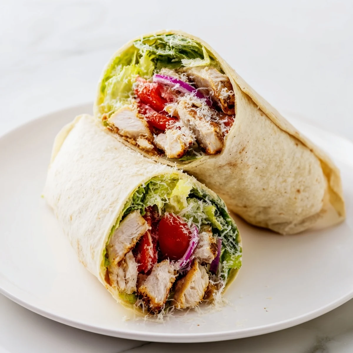Savory chicken Caesar wrap with fresh Parmesan looks delicious, perfect for a quick lunch.
